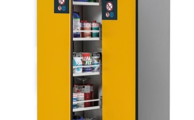 Denios: Feuerbeständiger Gefahrstoffschrank mit Vertikalauszug