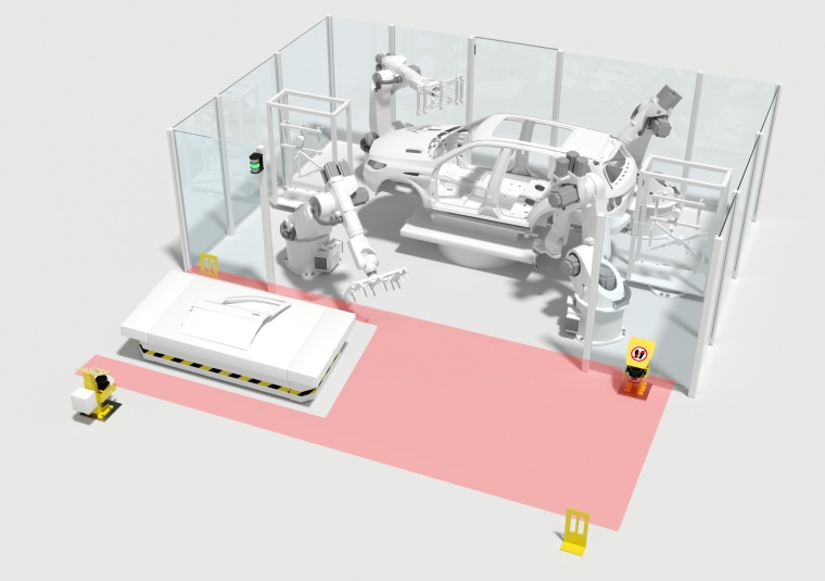 Sicherheits-Laserscanner überwachen den gesamten Bereich der Übergabestation...