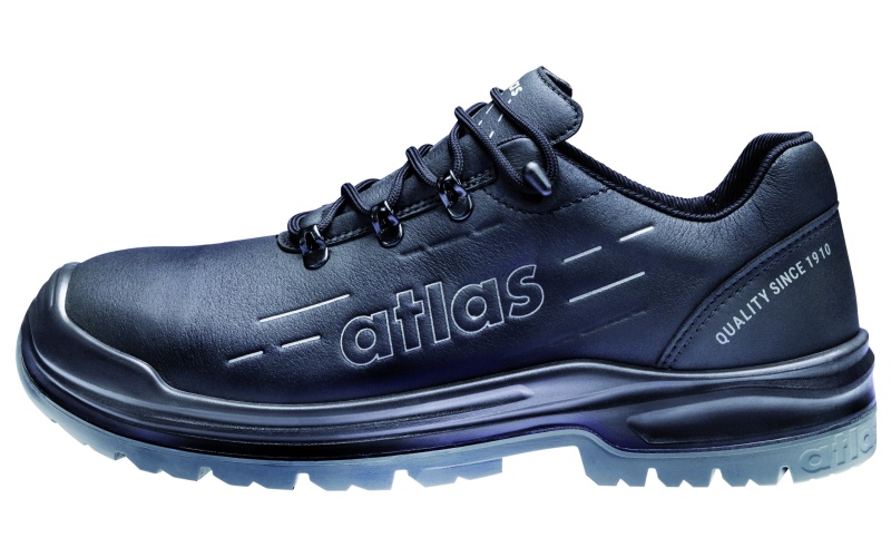 Schwarze Atlas Sicherheitsschuhe in seitlicher Ansicht, verschiedene Modelle mit robuster Sohle und Schnür bzw. BOA Verschluss