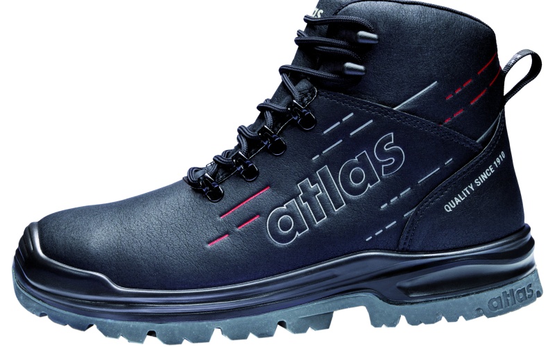 Schwarze Atlas Sicherheitsschuhe in seitlicher Ansicht, verschiedene Modelle mit robuster Sohle und Schnür bzw. BOA Verschluss