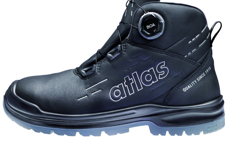 Schwarze Atlas Sicherheitsschuhe in seitlicher Ansicht, verschiedene Modelle mit robuster Sohle und Schnür bzw. BOA Verschluss