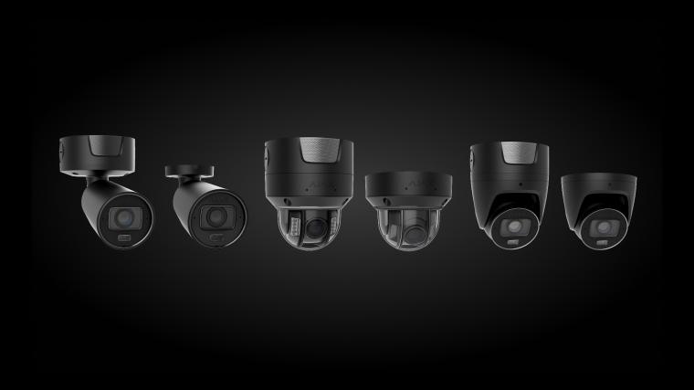 Schwarz unterlegt: Sechs verschiedene Bullet- und Domekameras nebeneinander