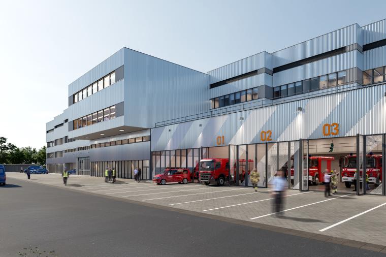 Modernes Feuerwehrgebäude mit geöffneten Garagentoren und sichtbaren roten...