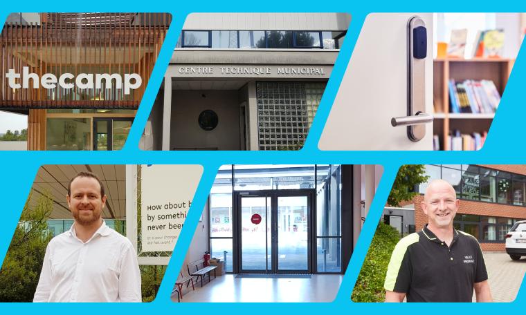 Four pictures of life on campus with blue frames around them