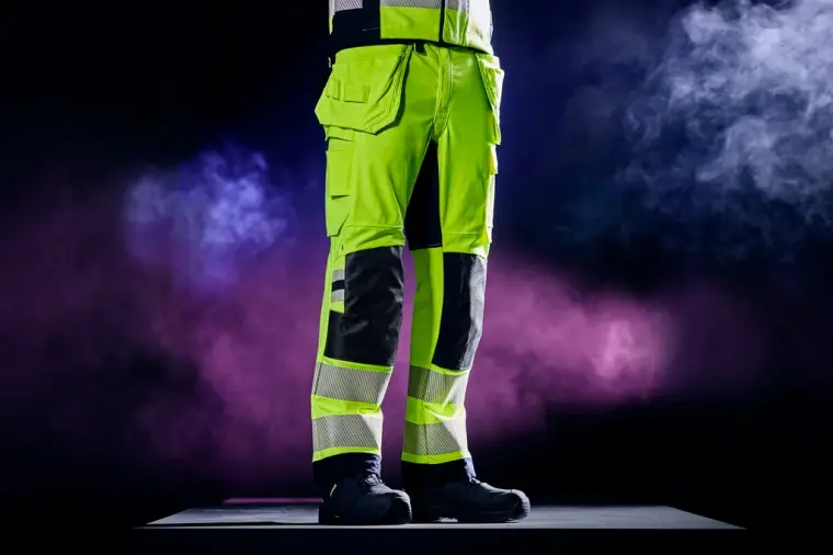 Leuchtend gelbe Multinorm-Schutzhose mit dunklen Verstärkungen und...